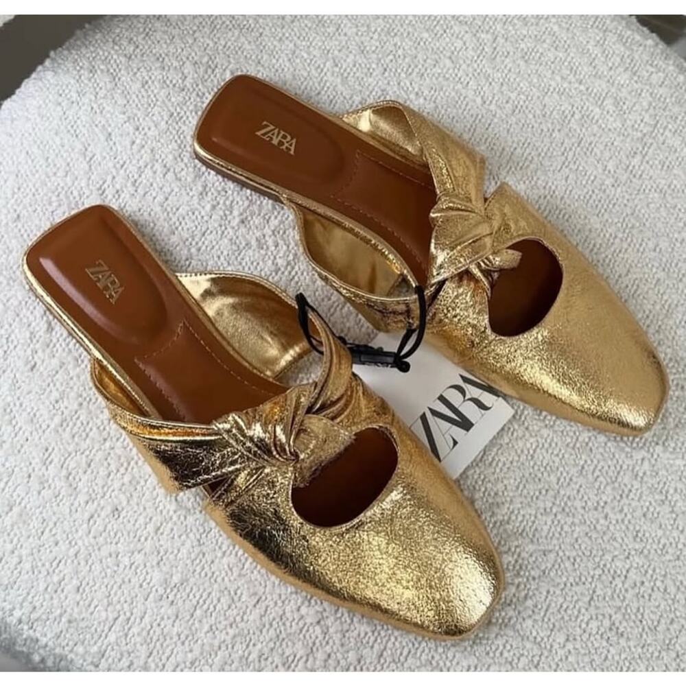 Zara NWT Gold Metallic Knot Square Toe Mules 7.5 8 - Picture 6 of 16